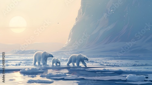 8K wallpaper of a polar bear family crossing ice floes in the Arctic, surrounded by a serene, icy landscape under the pale glow of the northern sun photo