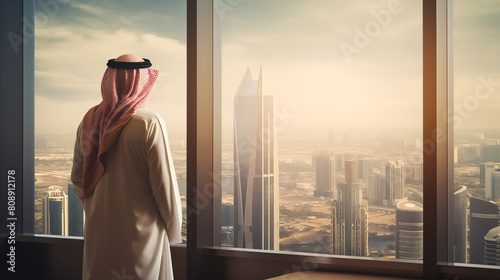 Saudi man looking to skylines, arab businessman concept photo