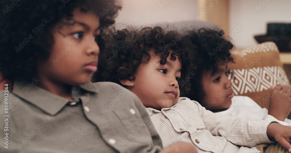 Φωτογραφία Children, relax and watching tv on couch with siblings together for movie subscription, network and decision for cartoon