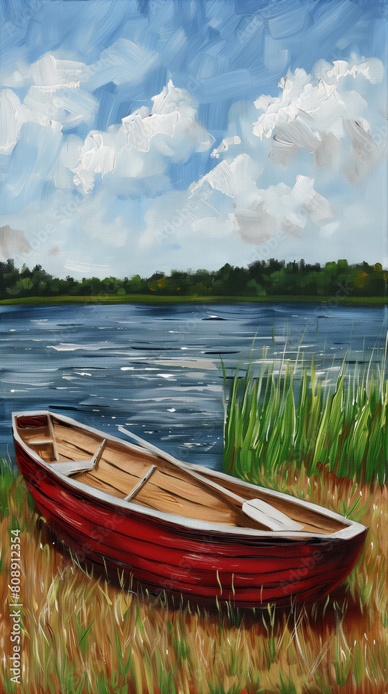 Obraz premium Red boat on shore with blue sky and white clouds