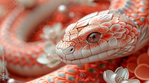 Detailed close-up of a red and white digital snake.