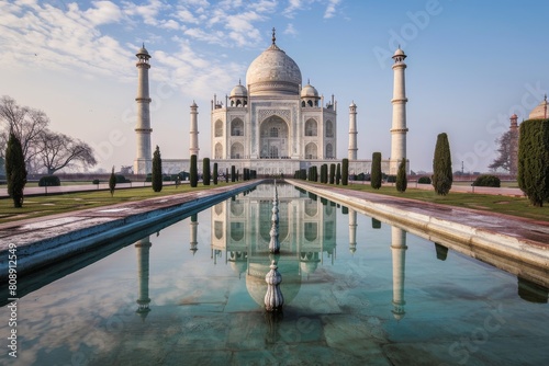 The serene Taj Mahal reflected in its pool, Architecture of ancient monument, Ai generated