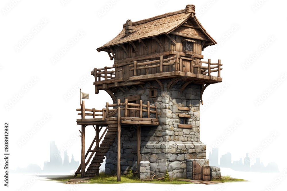 A tall, round tower made of stone with a wooden roof and balcony.