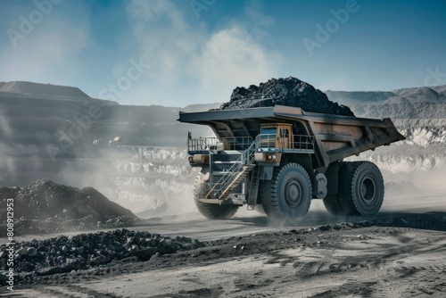 A massive coal mining truck loaded with coal driving through an expansive open-pit mine under a clear blue sky. photo