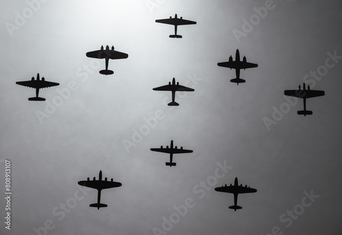 Silhouettes of Airplanes in Formation. photo