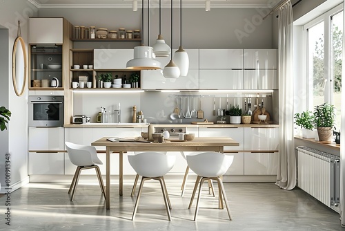 A modern Scandinavian kitchen with clean lines and functional design. Show a combination of open shelving and smooth, white cabinetry.  © zulfadli