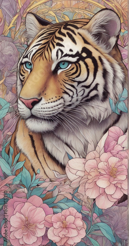 Explore Stunning Generative AI Art: Tiger with Flowers on Beautiful Background - Generative AI