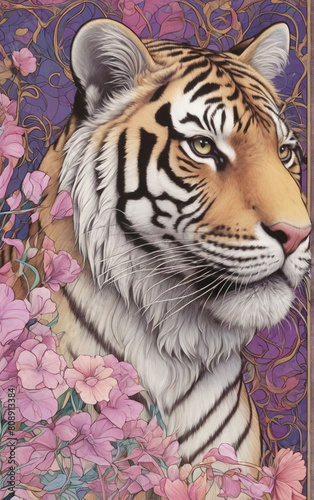 Explore Stunning Generative AI Art: Tiger with Flowers on Beautiful Background - Generative AI © Art Mania