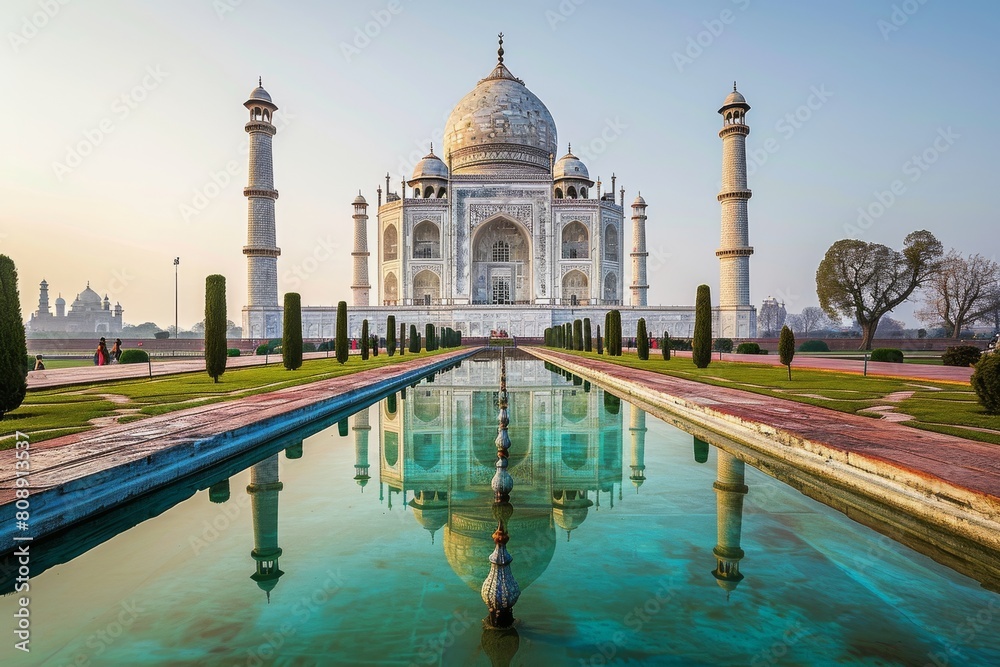 Fototapeta premium The serene Taj Mahal reflected in its pool, Architecture of ancient monument, Ai generated