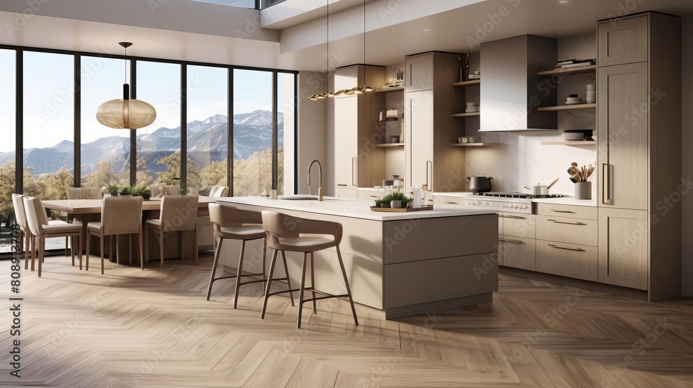 3D rendered modern kitchen design featuring elegant herringbone flooring, beige cabinets, and abundant daylight from expansive windows