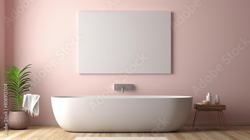 3D rendering of a modern bathroom interior with terrazzo flooring  a framed blank poster on a pink wall  and bathed in natural light