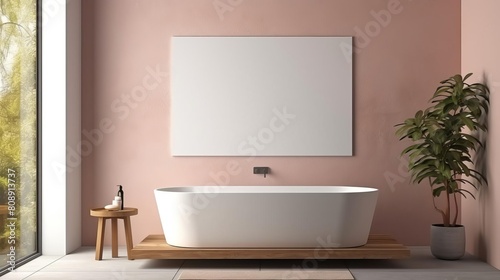 3D rendering of a modern bathroom interior with terrazzo flooring  a framed blank poster on a pink wall  and bathed in natural light