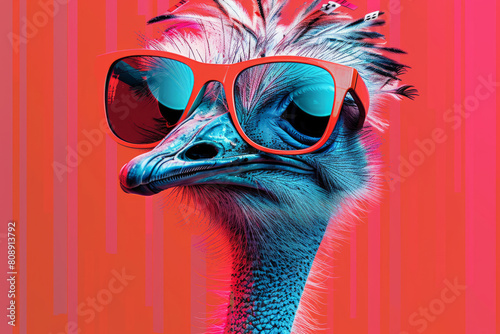 Colorful ostrich with red glasses on a glitchy background photo