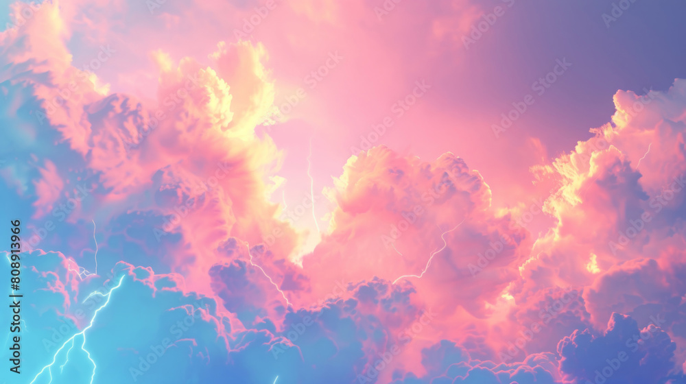 A blue and pink background, with lightnings, serves as a backdrop for pastel-colored clouds in the sky, styled in a fairy kei manner.