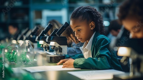 A student in a classroom setting, deeply focused on using a microscope, illustrating the enriching process of learning and scientific discovery