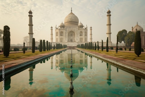 The serene Taj Mahal reflected in its pool, Architecture of ancient monument, Ai generated