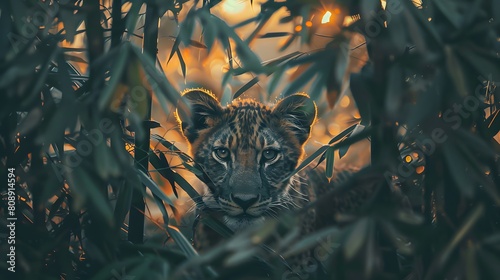 8K wallpaper of a wild animal peeking out from behind tall foliage at dawn, framed symmetrically and illuminated by soft morning light filtering through the trees