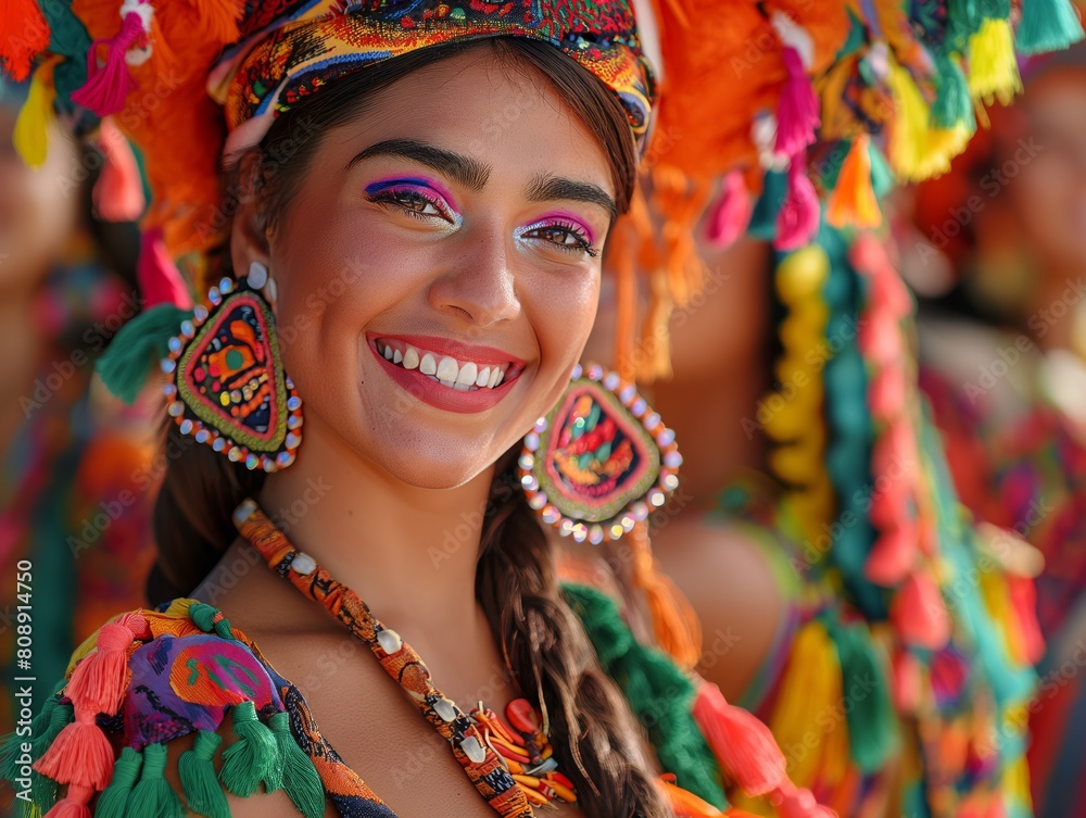 A woman wearing a colorful outfit and a colorful headdress is smiling. She is wearing a necklace and earrings