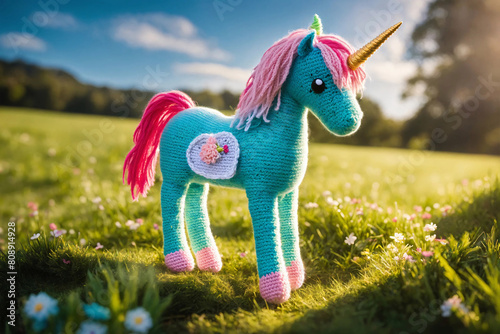 Handmade blue unicorn. Knitted kid soft toy made yarn in flowering summer field.