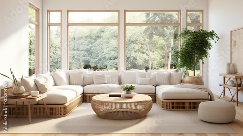 Charming modern farmhouse living room featuring a round accent coffee table near a rattan corner sofa  set against grid windows for a country boho interior design