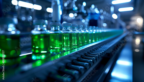 Green liquid in bottles on a conveyor belt at a factory, illuminated in the style of blue light. A photorealistic stock photo of a high-tech production line with green fluid for packaging. A close-up 