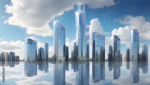 Skyscrapers with reflective surfaces capturing the surrounding skyline and clouds