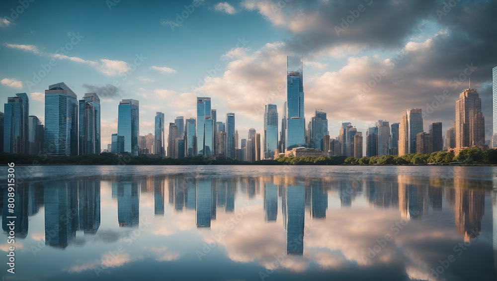 Skyscrapers with reflective surfaces capturing the surrounding skyline and clouds