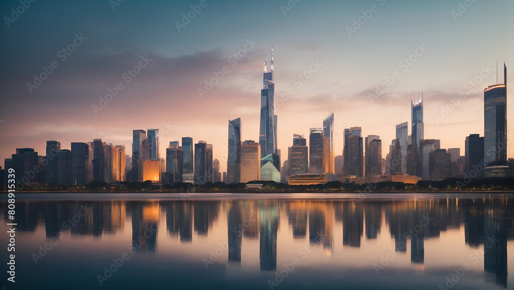 Skyscrapers with reflective surfaces capturing the surrounding skyline and clouds