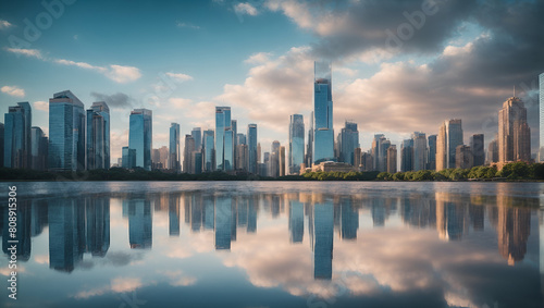 Skyscrapers with reflective surfaces capturing the surrounding skyline and clouds © gfxsunny