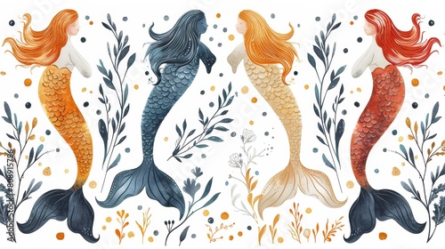 The pattern features colorful hand-drawn mermaids on a white background. The backdrop is inspired by fairytales or mythologies, and can be used for wallpaper, fabric prints, or wrapping paper. photo