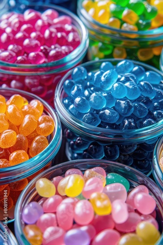 Colorful Assorted Gummy Candies in a Glass Bowl on Bokeh Background