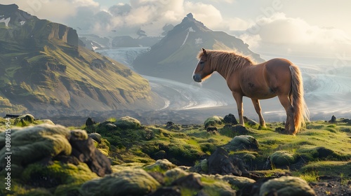 8K wallpaper of an Icelandic horse standing on a moss-covered volcanic plain  with glaciers and rugged peaks stretching into the horizon