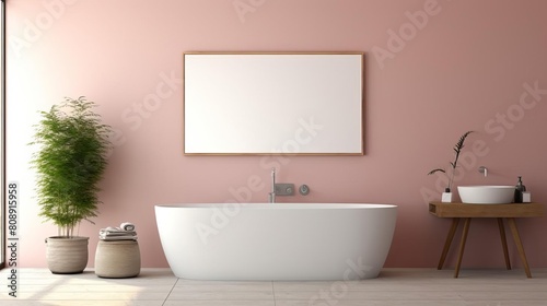 Chic modern bathroom depicted in 3D rendering  showcasing a framed blank poster on a pastel pink wall  complemented by terrazzo flooring and natural light