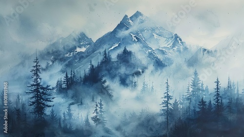 Paint a watercolor masterpiece of a mist-covered mountain summit Use soft