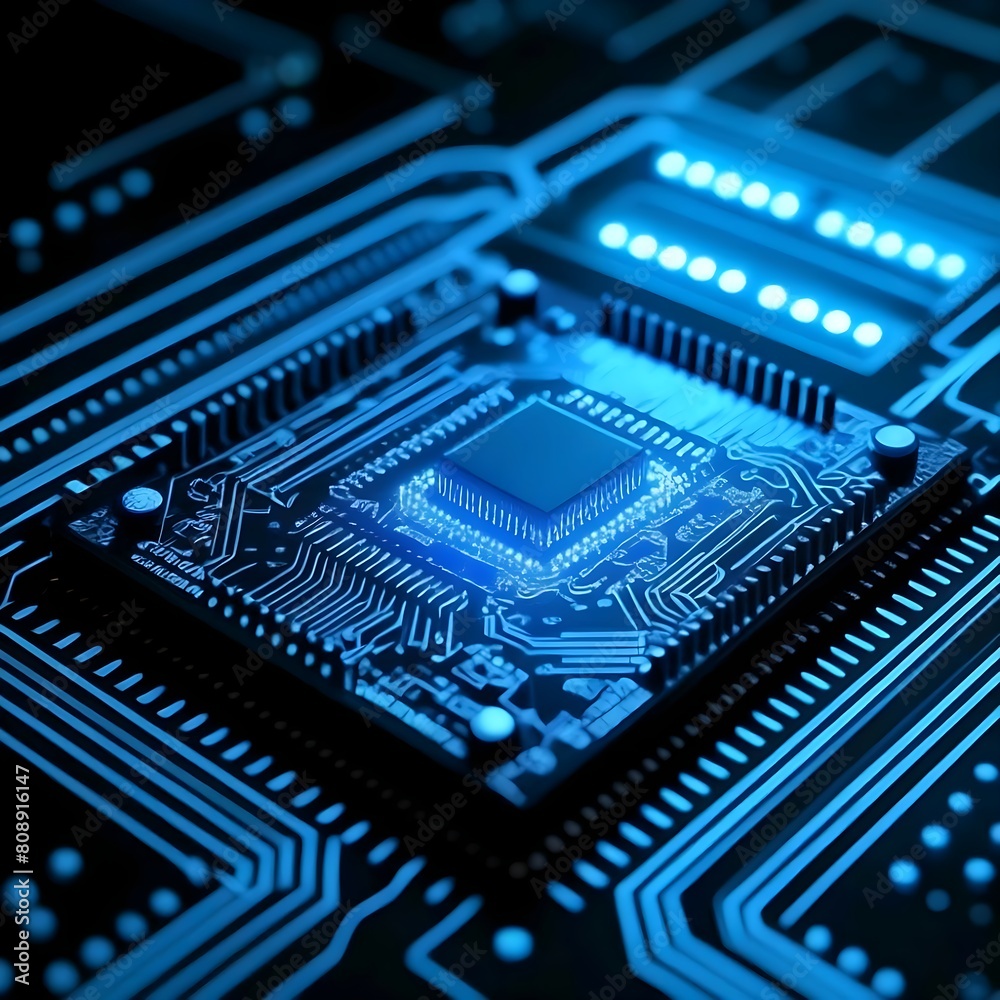 image of an electronic circuit board with a CPU and blue motion lights image of an electronic circuit board with a CPU and blue motion lights