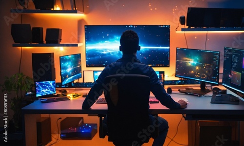 a happy programmer cheering at his desk, surrounded by PC monitors, illuminated by the glow of the screen, celebrating after he fixed a bug, 8k photo