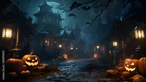 Video of spooky street transforms into a magical scene at midnight, with pumpkins and lanterns glowing in the darkness. Halloween horizontal background.  photo