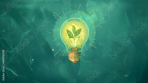 Light bulb with plant inside on abstract green background. Eco-friendly energy concept illustration for environmental conservation and sustainability design.