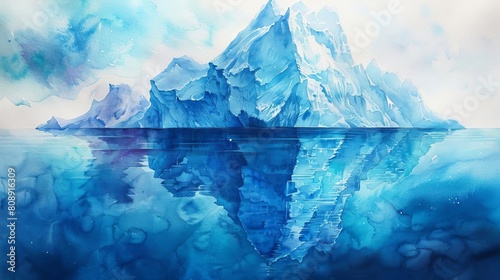 Visualize the surreal underwater landscape of an iceberg with a top-down perspective Utilize vibrant blues and intricate textures in a watercolor painting to evoke a sense of tranq © Nawarit