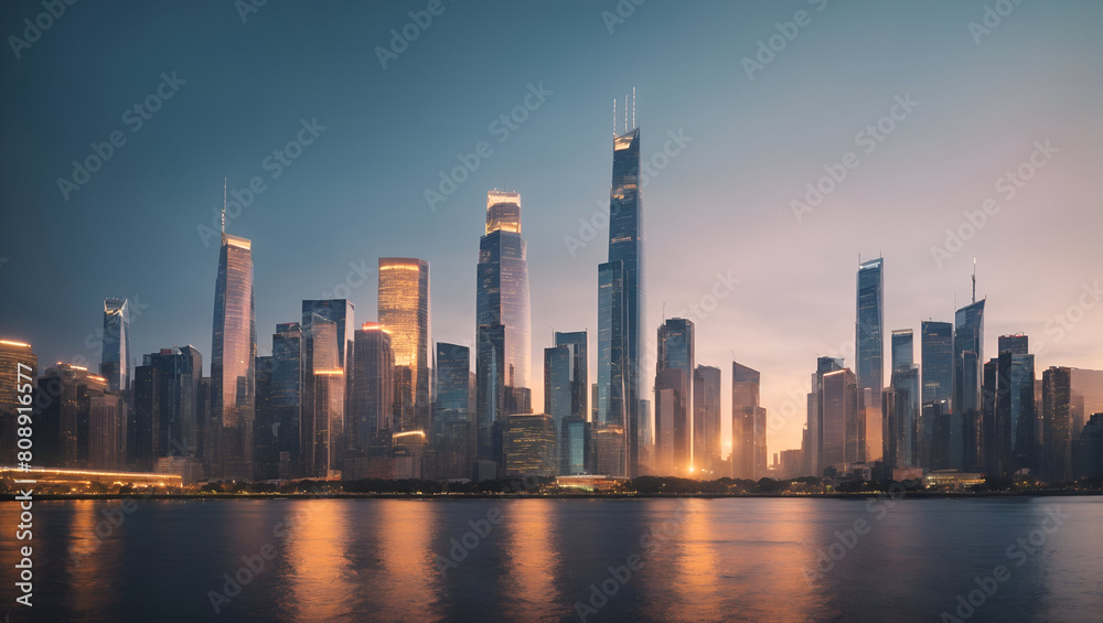 A majestic view of a cityscape, with its towering buildings surrounding skyline and clouds