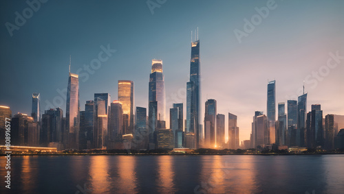 A majestic view of a cityscape  with its towering buildings surrounding skyline and clouds