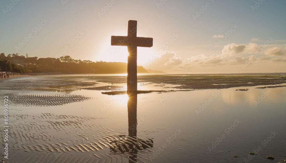 The Wooden Christian Cross In the Still Water. 
