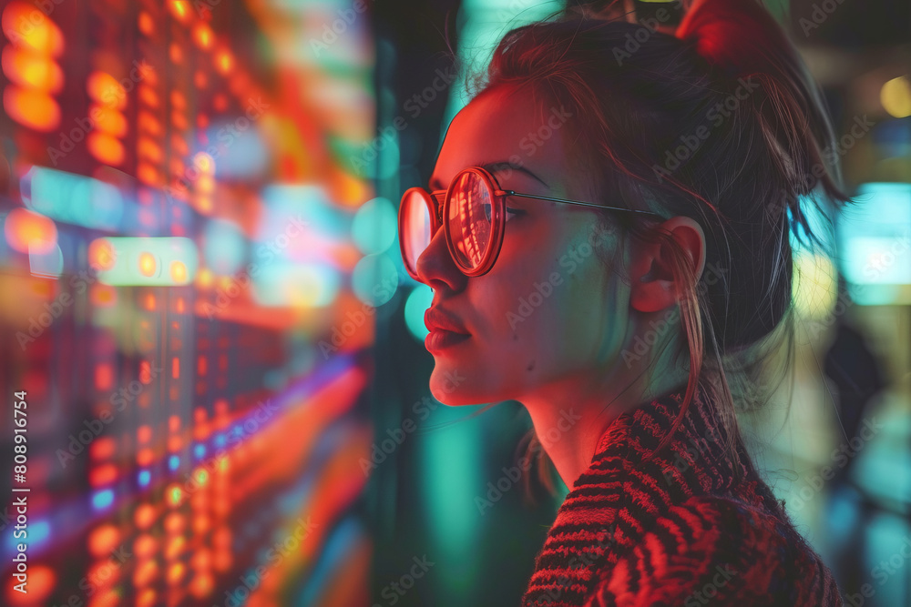 Stylish woman with glasses illuminated by colorful lights Stylish woman with glasses illuminated by colorful lights