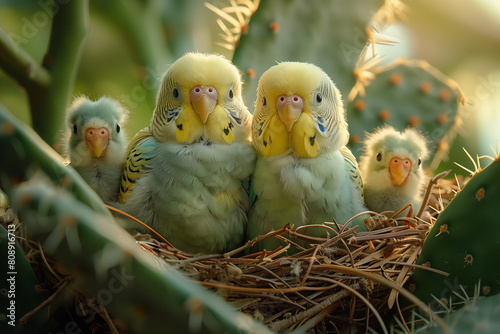 Budgerigar Family Nesting in Cactus. A heartwarming scene of a budgerigar family with chicks, nestled within a cactus. photo