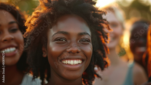 Young diverse people having fun outdoor laughing together - Diversity concept - Main focus on african girl face Stock Photo photography photo