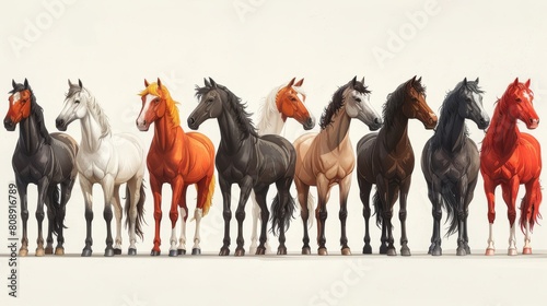 Horses of various breeds isolated on white background. Bunch of adorable domestic equine animals of different types and colors. Colorful illustration in flat cartoon style. photo