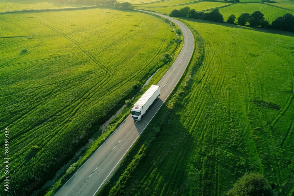 Aerial view of a cargo lorry speeding down a rural road surrounded by green fields, emphasizing logistics and delivery efficiency