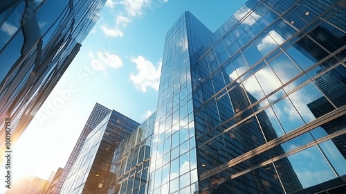 Reflective skyscrapers, business office buildings. Low angle photography of glass curtain wall details of high-rise buildings.