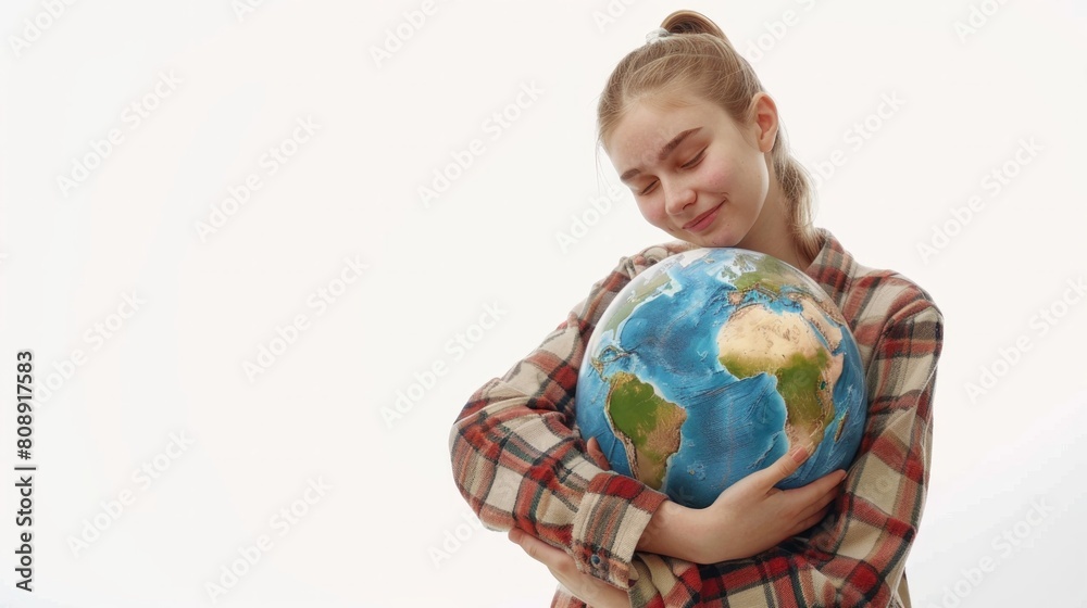 Girl holding the Planet Earth isolated on white. Future Concept Girl holding the Planet Earth isolated on white. Future Concept