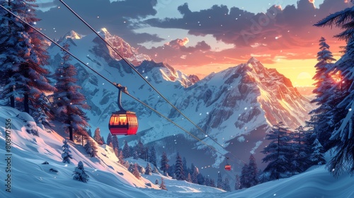 Mountain cablecars lifting over a winter background. Ski resort landscape with ropeway, funiculars, snow and Alps. Alpine ropeway. Flat modern illustration of cablecar booths. photo